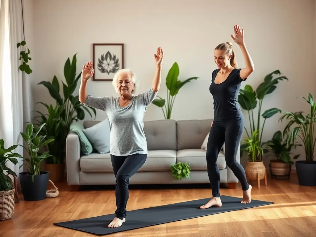 A personal trainer from Adaptwell Fitness leading an in-home adaptive fitness and yoga session with a senior client. The session focuses on mobility, strength, and personalized fitness in a supportive and comfortable home environment.