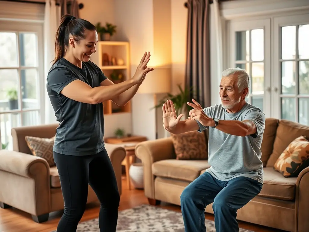 A personal trainer from Adaptwell Fitness leading an in-home training session for a senior client. The session focuses on adaptive fitness and personalized exercises designed to support safe movement and overall well-being in a comfortable home environment.