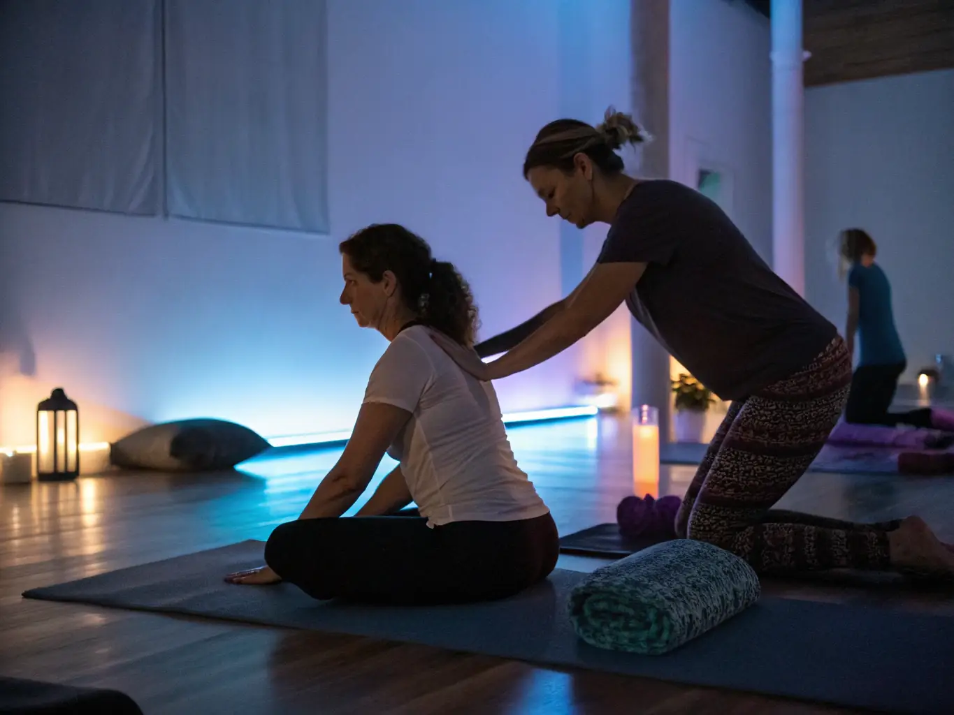 A personal trainer from Adaptwell Fitness providing hands-on support to a client during a yoga session. The session takes place in a peaceful, dimly lit studio with soft ambient lighting. The trainer ensures proper alignment and safety, demonstrating expert spotting techniques. Adaptwell Fitness specializes in in-home personal training, adaptive fitness, and yoga for adults and individuals with disabilities, promoting strength, mobility, and well-being.