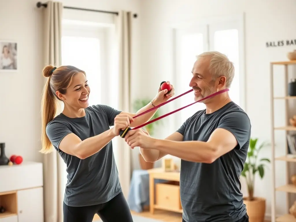 A personal trainer from Adaptwell Fitness guiding a senior client through an in-home mobile adaptive fitness session using resistance bands. The workout focuses on strength, mobility, and personalized fitness, ensuring safe and effective movement for seniors and individuals with intellectual and physical disabilities.