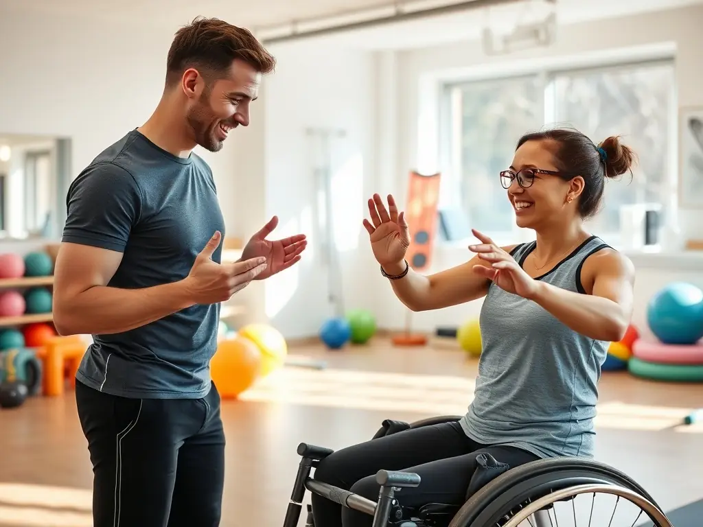 A personal trainer from Adaptwell Fitness working with an individual in a wheelchair during an adaptive fitness session. The program focuses on personalized routines to boost confidence and well-being for individuals with disabilities.