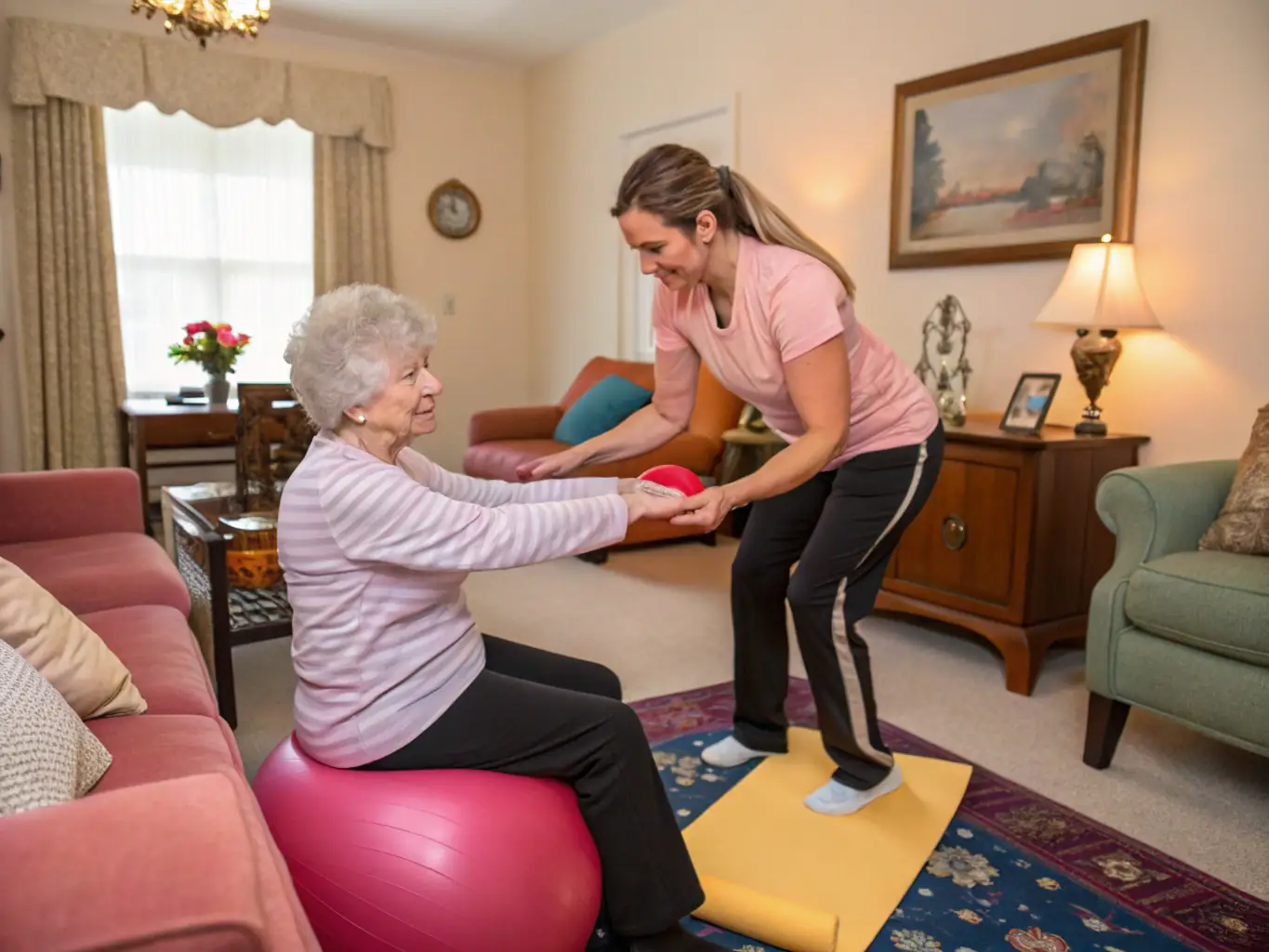 A personal trainer from Adaptwell Fitness assisting a senior during an adaptive in-home yoga session in Birmingham, Alabama, focusing on strength and mobility.