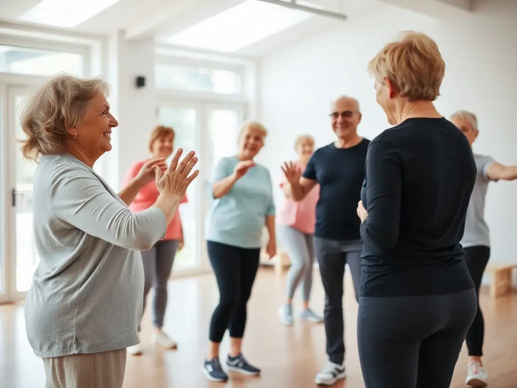 A group of individuals with intellectual and physical disabilities participating in an adaptive fitness class led by Adaptwell Fitness. The session focuses on mobility, strength, and personalized movement in a supportive and engaging environment, promoting safe and effective exercise for all abilities.