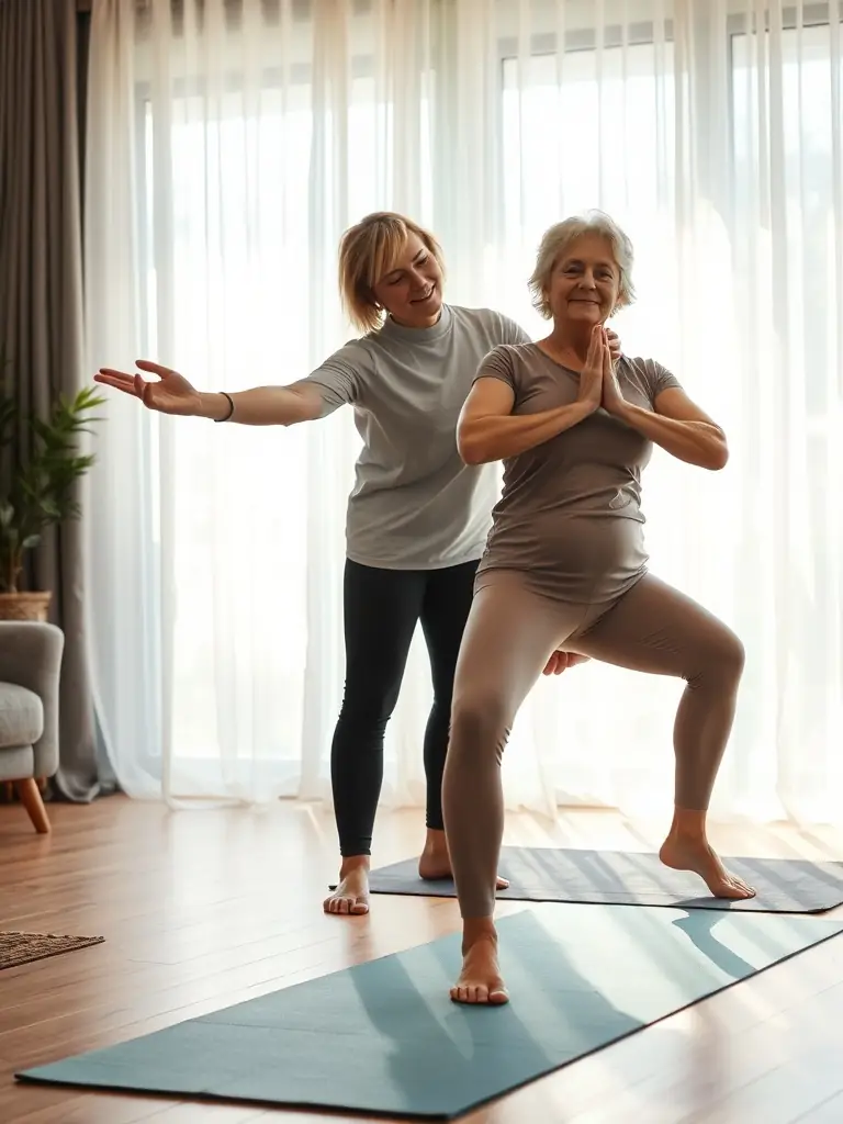 A senior woman practicing yoga with a trainer in a cozy living room.