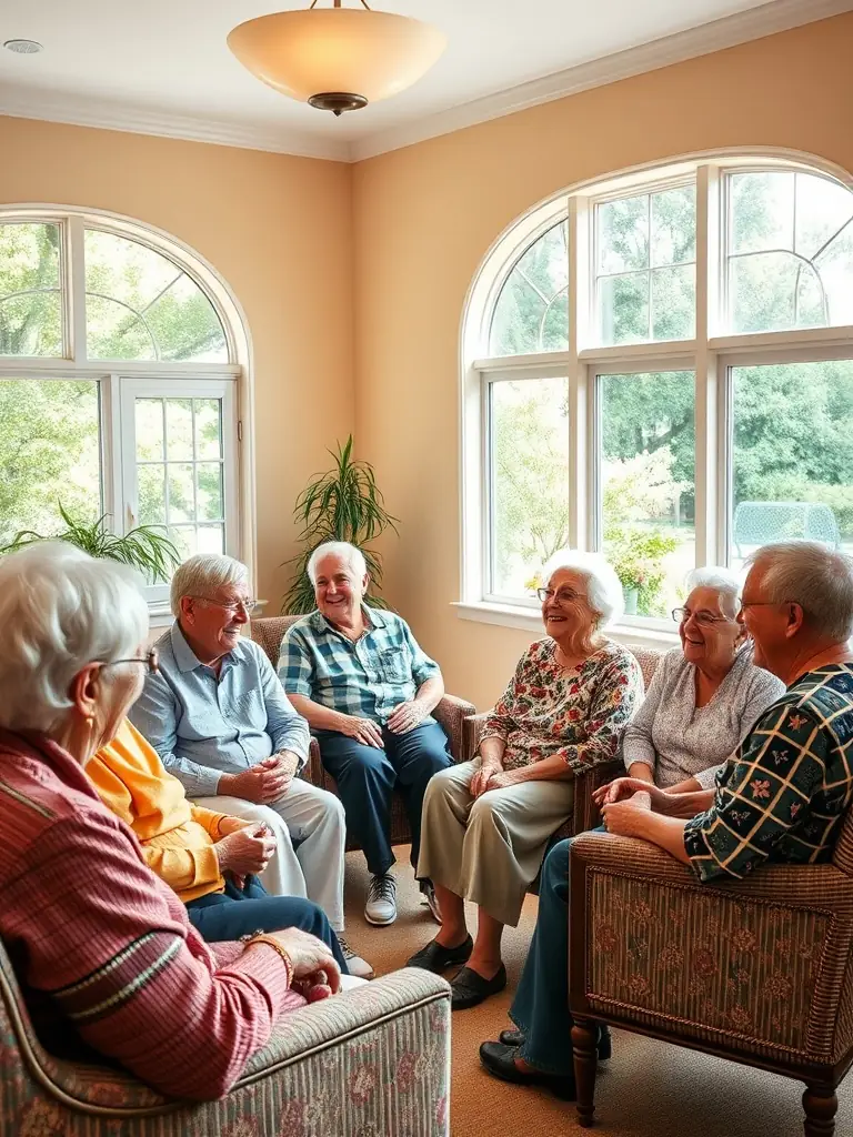 A group of seniors participating in a light exercise session in a bright home setting.